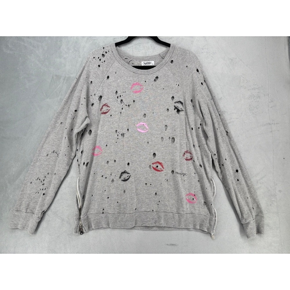 Lauren Moshi Beverly Hills Distressed Lips Sweatshirt L Gray Side Zip Grunge